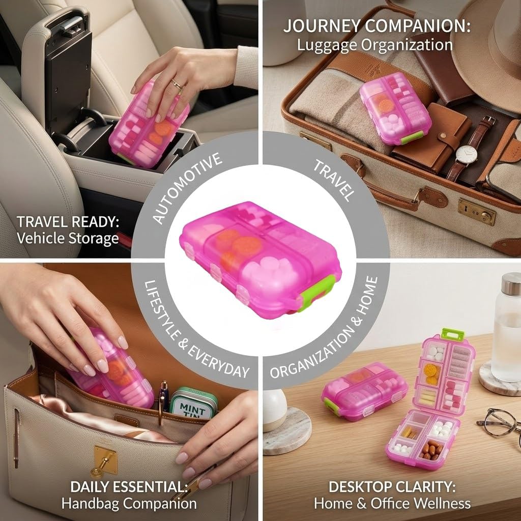 Skiennix Pill Organizer - Travel-Friendly Daily Medication Case with 161 Labels | 7-Day Design in Pink