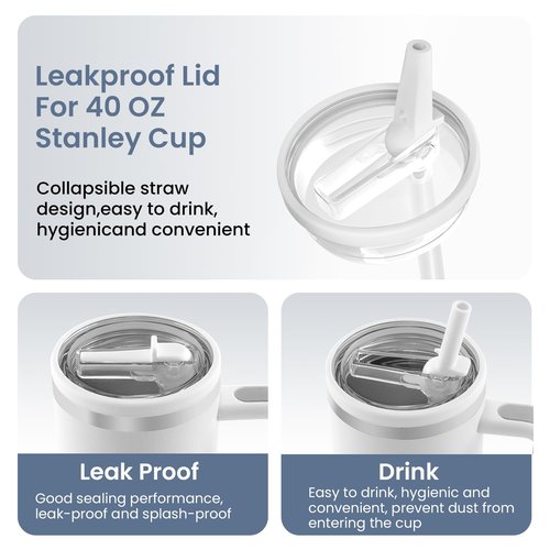 Pmiuccd 2 Pack Stanley Lid Replacement 40 oz, for Stanley H2.0 Quencher Cup Accessories, Dust-Proof Straw Cover for Stanley Cups, Spill-Proof Design, Stanley Cup Accessories（White & White）