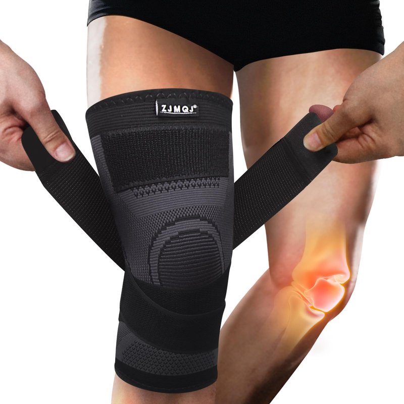 ZJMQJ Knee Brace with Straps for Women/Men, Knee Compression Sleeve for Knee Pain, Arthritis, ACL, PCL, Meniscus Tear, Joint Pain Relief. Knee Support for Running, Workout, 1 pcs (Black, Large)