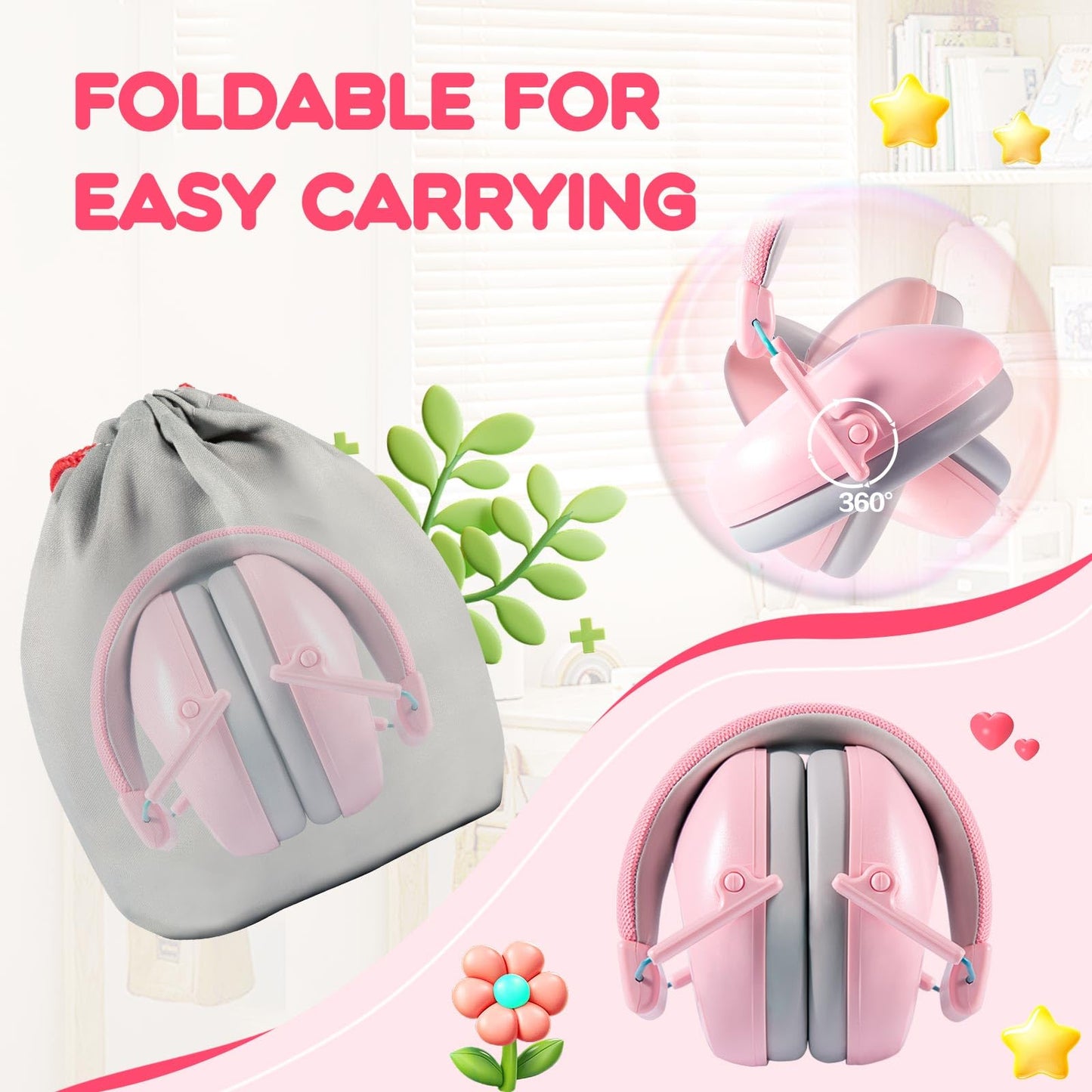 Dison Noise Cancelling Headphones for Kids, Kids Ear Protection NRR 26dB Noise Reduction Ear Muffs for Concerts, Fireworks, Shooting Pink