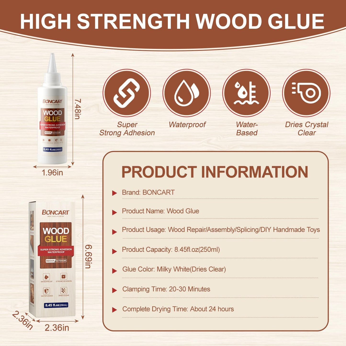Boncart Super Strong Wood Glue, 8.45fl.oz Clear, Waterproof for Heavy Duty Woodworking, Furniture Assembly (1 Pack)