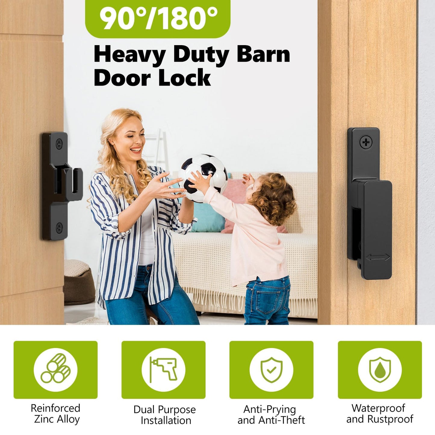 Barn Door Lock, 90/180 Degree Zinc Hardware Sliding Door Lock, Heavy Duty Flip Safety Door Latch for Screen, Cabinets, Bathrooms, Gardens, Barns, Pet Doors, Window Cabinets (Black-1Pack)