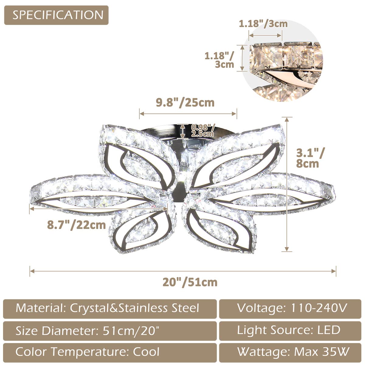 CLAIRDAI 20" Modern Crystal Chandelier, Flower Led Chandelier with K9 Crystal Acrylic, Cool White 6500K, 20" x 20" x 3.1" for Living Room