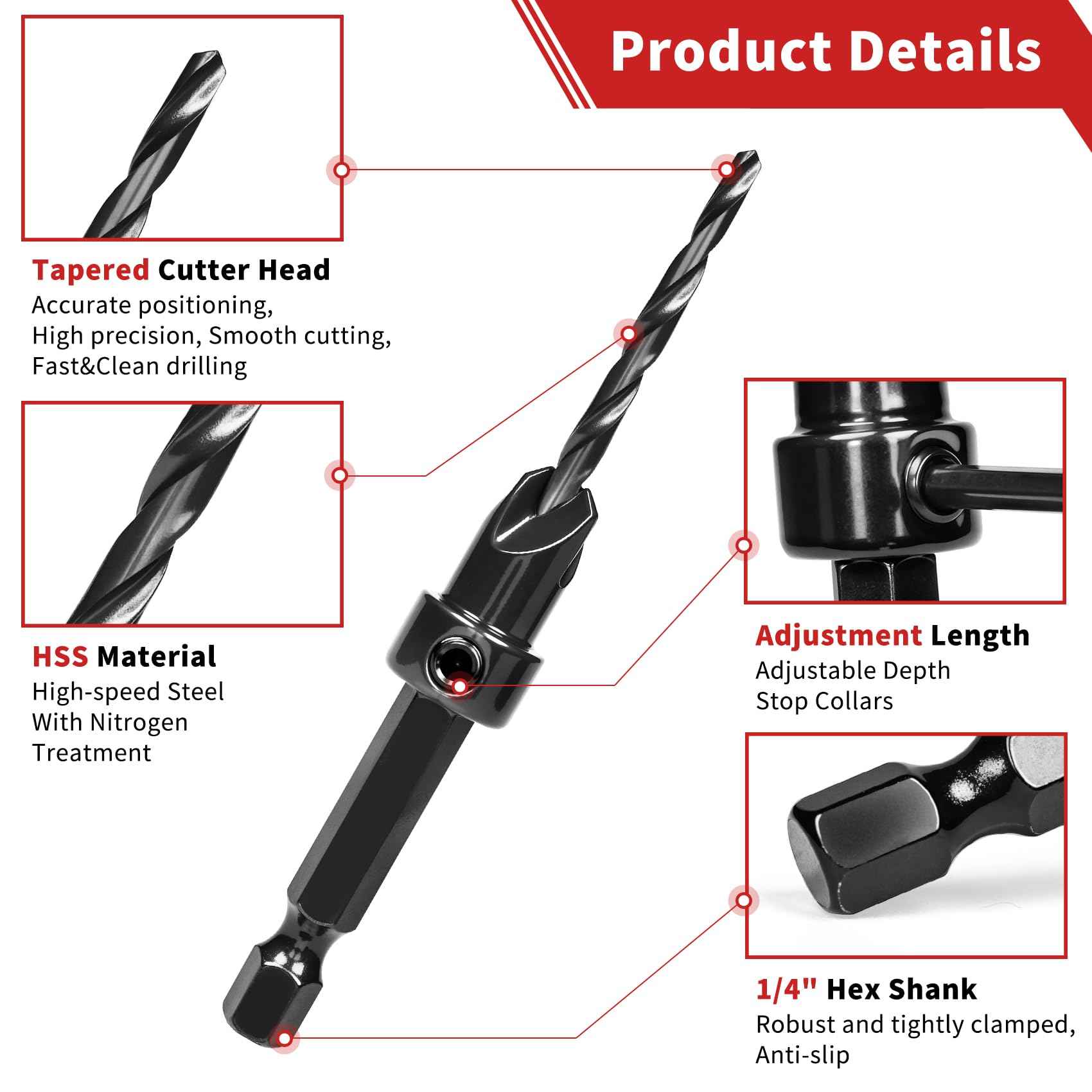 Countersink Drill Bit Set, 15 PCS Adjustable Tapered HSS Drill Bit Set for Woodworking, with Nitrided Surface, Wood Plug Cutters 1/4" Hex Shank Quick Change, for Wood Drilling with Storage Box