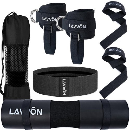 7Pcs-Barbell Pad Set for Hip Thrust - Squat Pad, Bench Press Workout Foam Weight Lifting Bar Cushion,Gym Accessories for Women with Bar Bad,with Gym Ankle Straps,Hip Resistance Bands,Lifting Strap (Black)