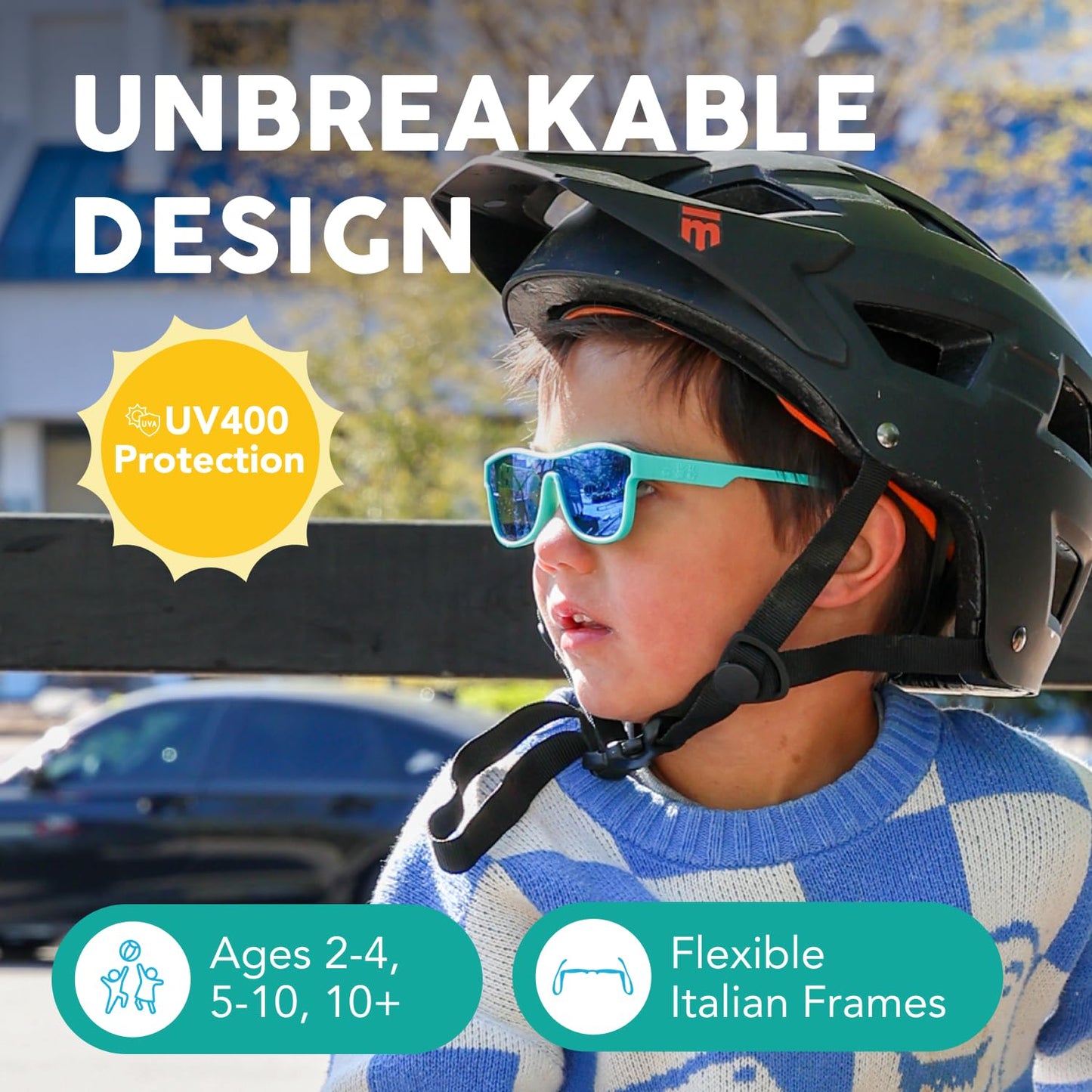 ROSHAMBO Unbreakable Kids Sunglasses - Italian Made Flexible Frames Polarized UV Protection - Girls Boys Ages 2-4 - Sports Active Play - Black Frame Mirror Yellow Lens