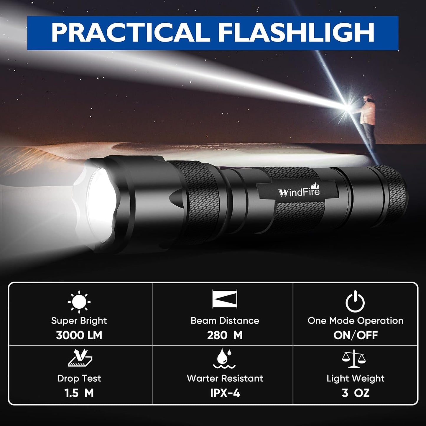 WINDFRIE LED Tactical Flashlights - 2 Pack Bright EDC Emergency Lights | Water-Resistant Handheld Design