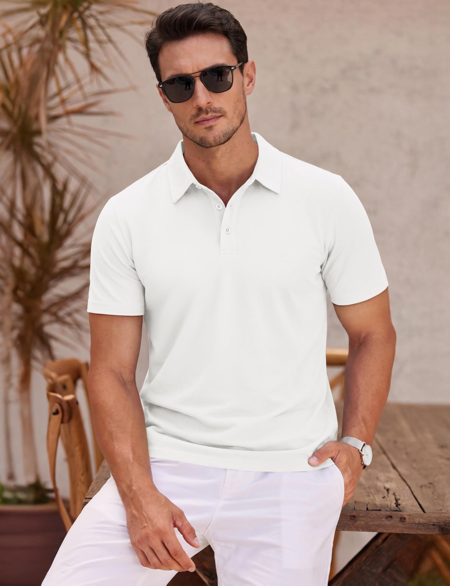 MAGNIVIT Polo Shirts for Men Short Sleeve Cotton Golf T-Shirt Fitted Pique Collared Shirt for Work Business Casual White L