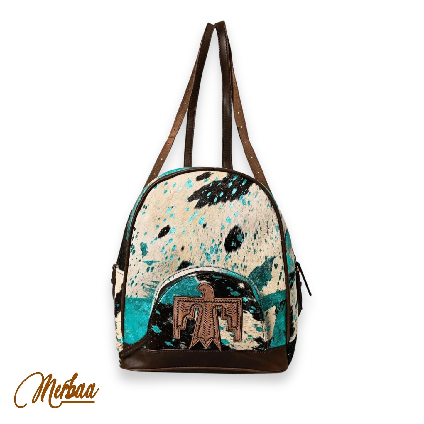 Merbaa Handmade Cowhide Leather Cotton Lining Zipper Closure Fashion Backpack For Women With Eagle Tooling Patch in Front, Teal Blue