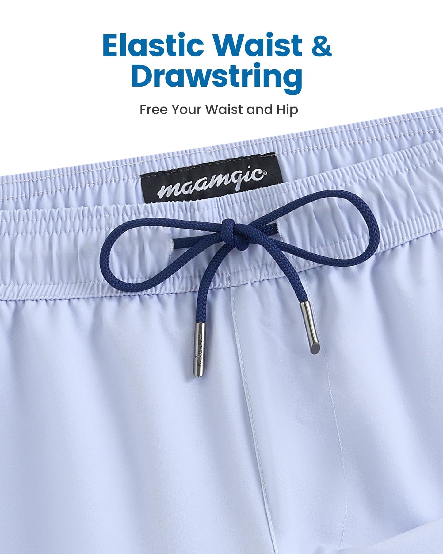 maamgic Mens Swim Trunks with Compression Liner 5 Inch, Quick Dry Bathing Suit with Zipper Pockets, Stretch No-Chafing Swim Shorts, Mist Blue Large