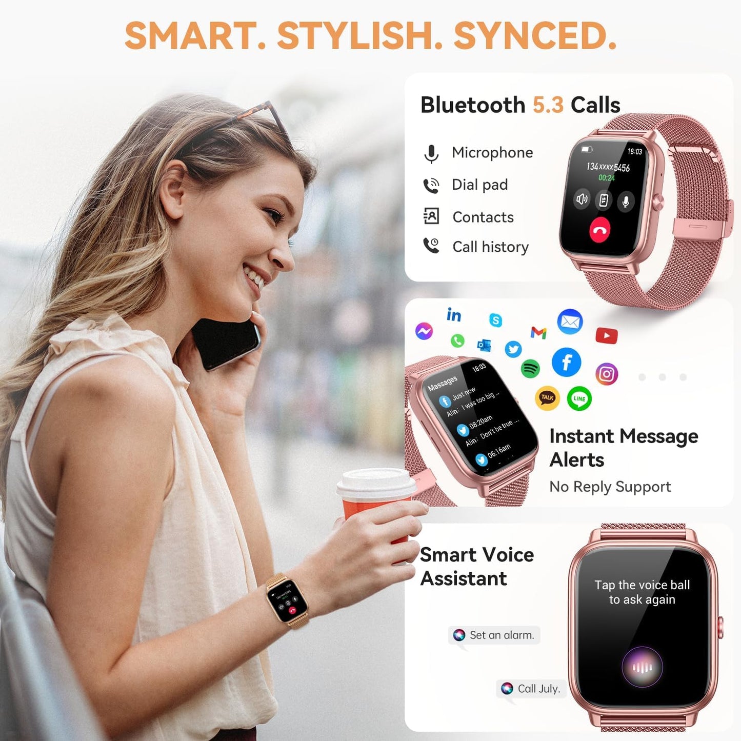 Skiennix Smart Watch | Fitness Tracker with 1000mAh Battery & Sleep Monitor - Pink, 3 Straps, 110+ Sports Modes