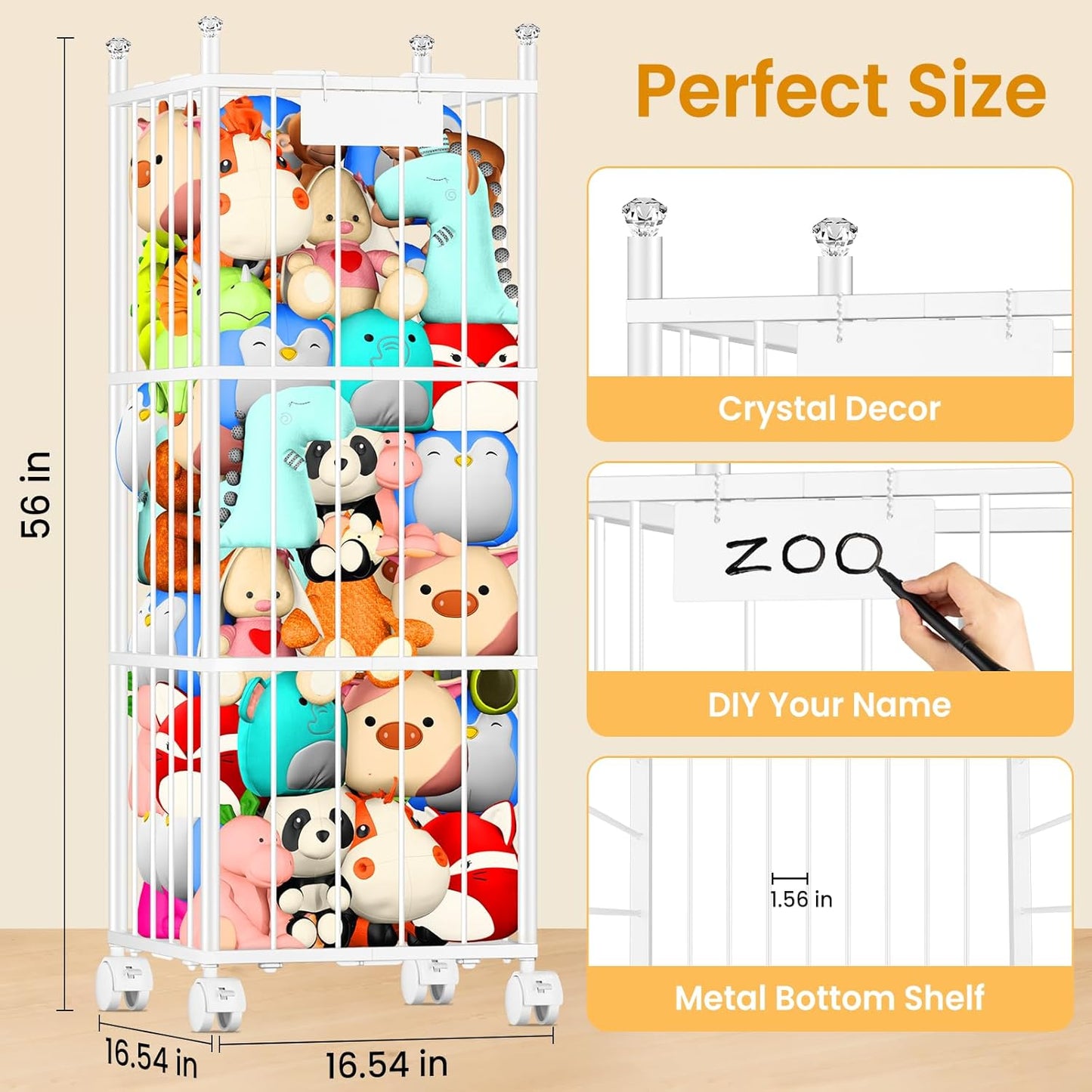 TomCare Extra Large Stuffed Animal Storage - Space-Saving Organizer with 4 Lockable Wheels for Playroom/Bedroom