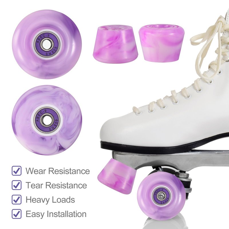 PATIKIL 8 Pack Roller Skate Wheels Outdoor with Durable Bearings, 82A Wear-Resistant PU Quad Skate Replacement for Indoor for Double Row Skate Skateboard, Purple, White