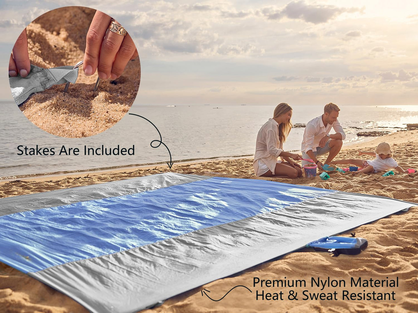 WEKAPO Beach Blanket Sandproof, Extra Large Beach Mat, Big & Compact Sand Free Mat Quick Drying, Lightweight & Durable with 6 Stakes & 4 Corner Pockets (Periwinkle Blue, 7x7 FT (1～3 Person))