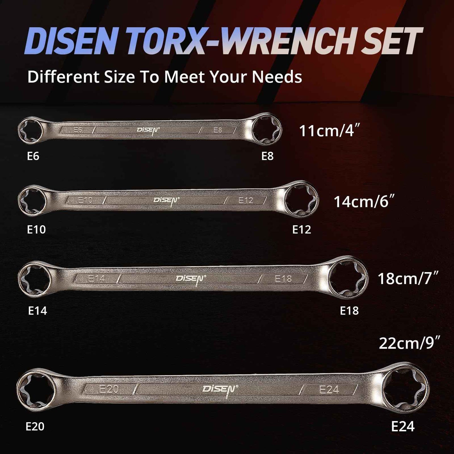 DISEN 2025 Upgraded 4-Piece E-Torx Wrench Set, Double Box End Wrench Set, CR-V Steel, Including E6*E8, E10*E12, E14*E18 and E20*E24