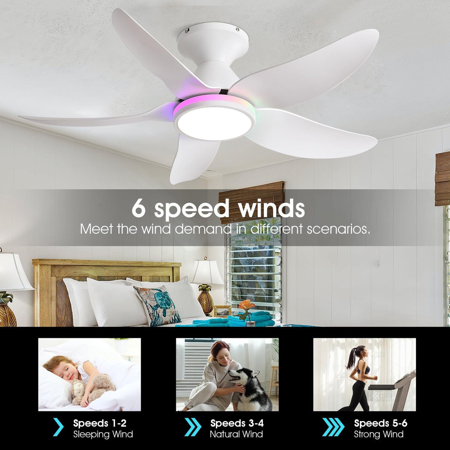 Kviflon Ceiling Fans with Lights Remote/APP Control, 38" Low Profile Ceiling Fans with Dimmable White Colors+Ring RGB Lights, 6 Speeds 5 Reversible Blades for Kids Room Bedroom Living Room, White
