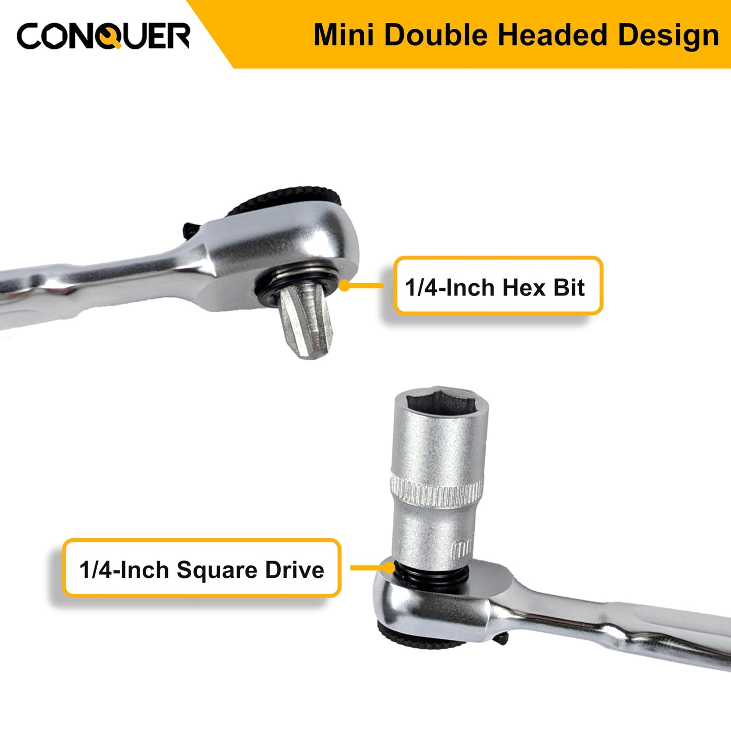 CONQUER Mini Combo Dual Ratchet Wrench with 1/4" Square Drive and Bit Drive High Torque 72-Tooth Gear Head and Spin Disk