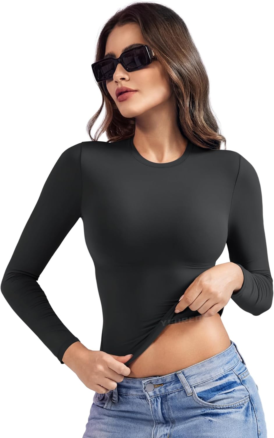 YEOREO Long Sleeve Women's Tee - Double Lined Crew Neck Top for Y2K Style & Workouts
