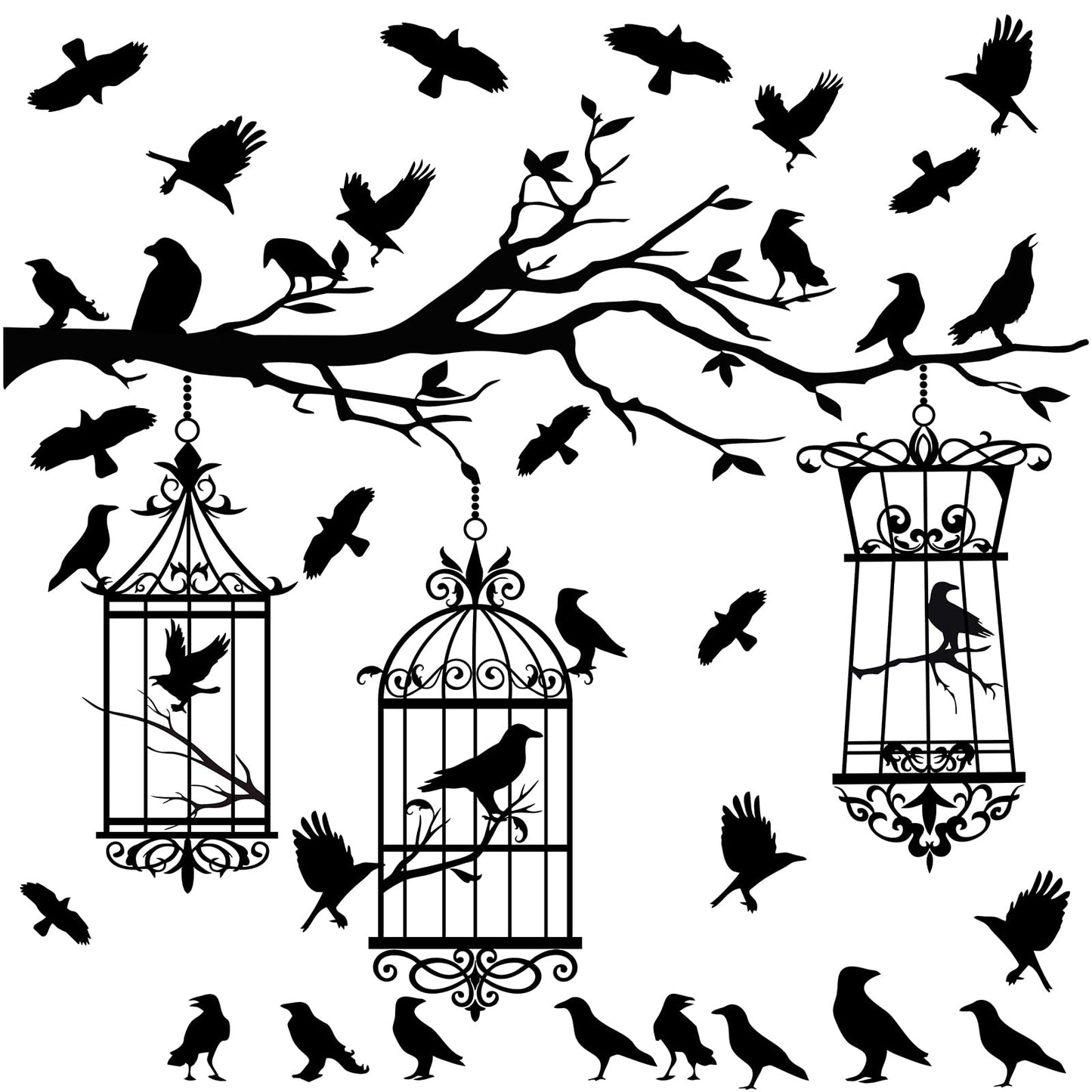 Halloween Tree Branch Wall Decals Crow Black Raven Bird Wall Decals Peel and Stick Birdcage Raven Stickers Removable Black Crows Branches Halloween Wall Stickers for Bedroom Living Room Decor