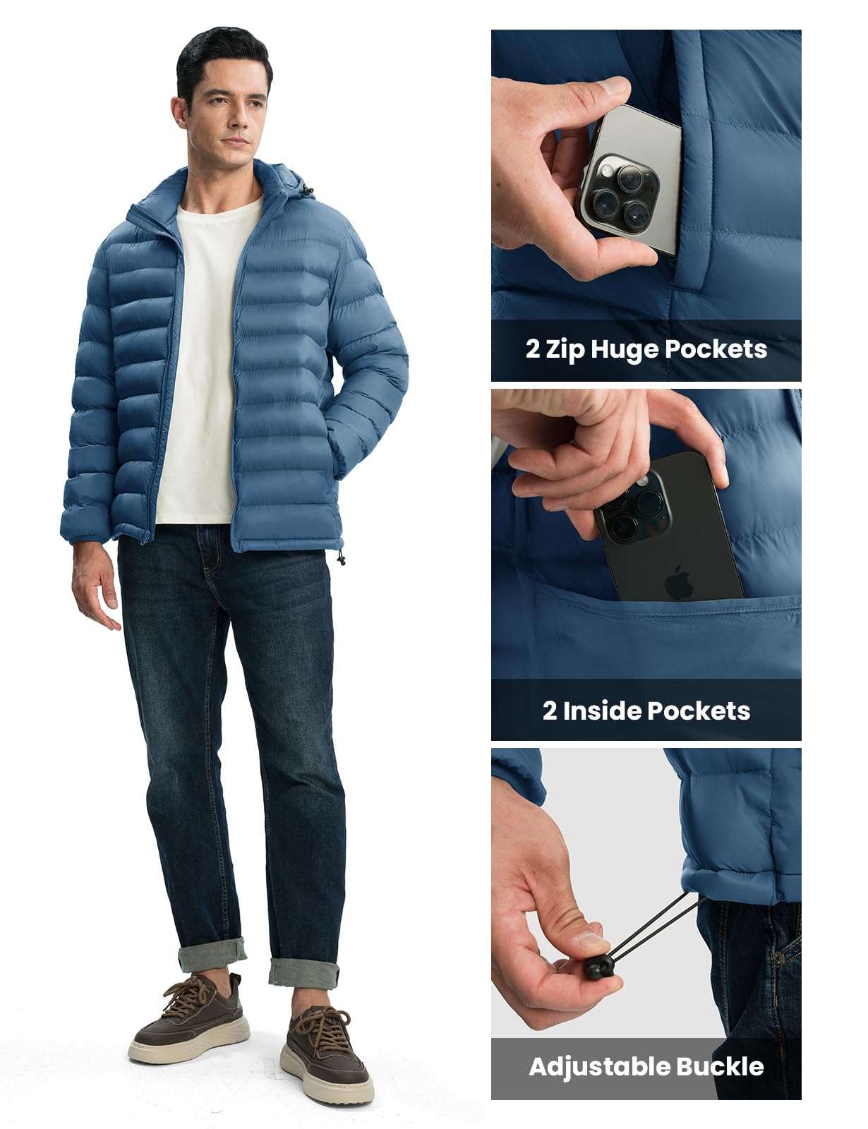 TBMPOY Men's Lightweight Puffer Down Jackets Detachable Hood Water-Resistant Winter Coat Hooded Insulated for Travel Ski Blue M