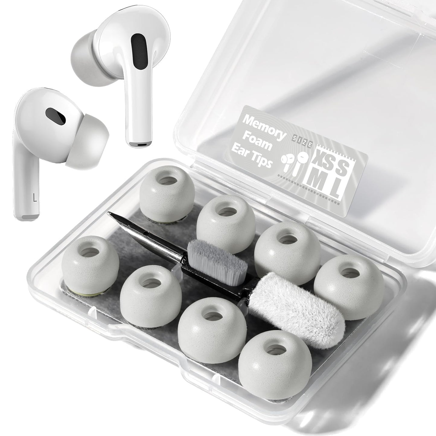 YOKRWO 4 Pair Memory Foam Ear Tips for AirPods Pro 2nd/1st Generation with Portable Storage Box and Cleaning Pen, No Silicone Eartips Pain, Better Noise Cancellation, Replacement Buds,White