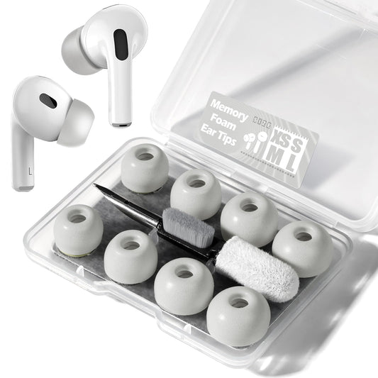 YOKRWO 4 Pair Memory Foam Ear Tips for AirPods Pro 2nd/1st Generation with Portable Storage Box and Cleaning Pen, No Silicone Eartips Pain, Better Noise Cancellation, Replacement Buds,White