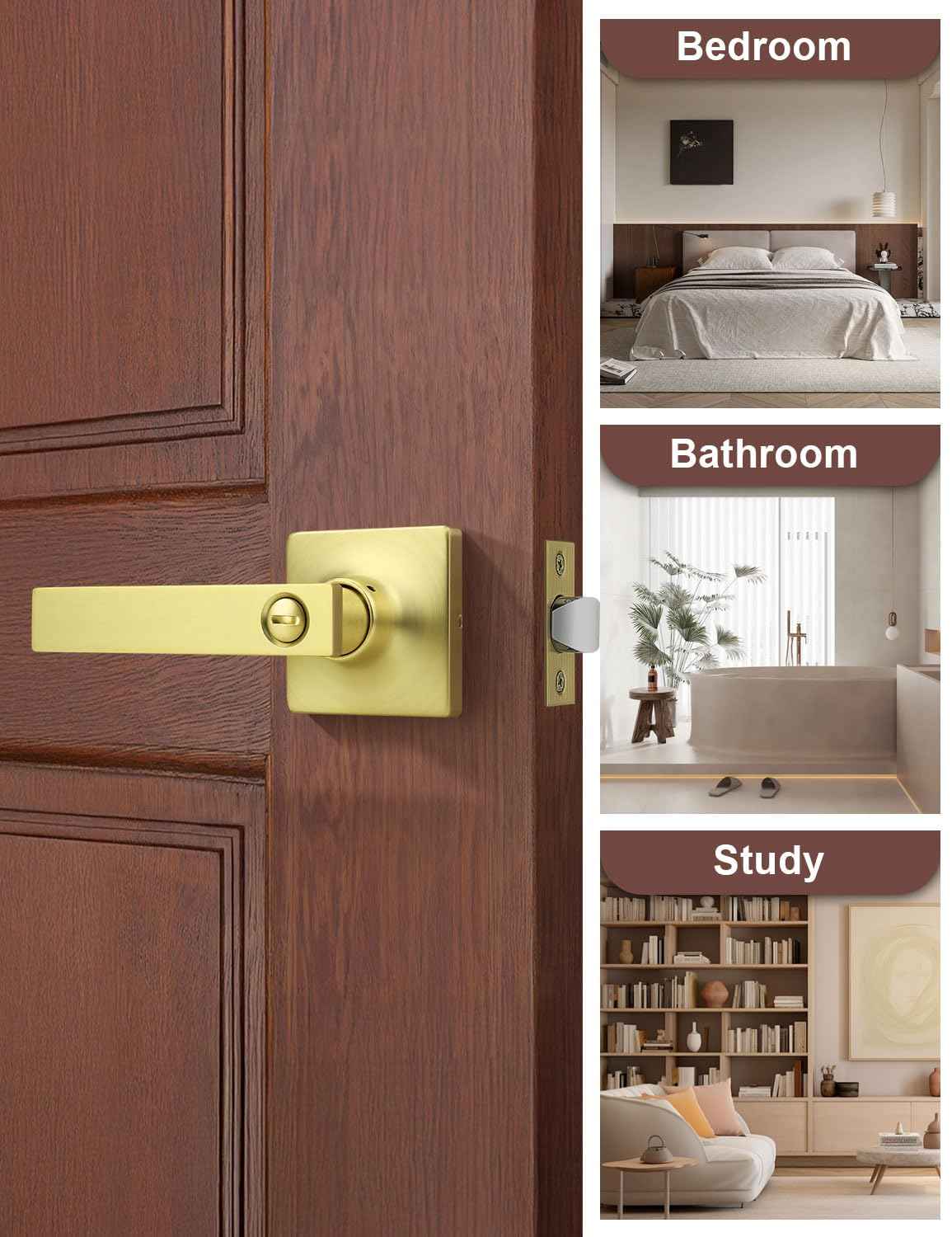 Mengico 6 Pack Gold Privacy Lever Door Handle Interior with Lock, Heavy Duty Square Door Lock for Bed/Bath, Keyless Door Locksets, Reversible for Left Right Handed Doors