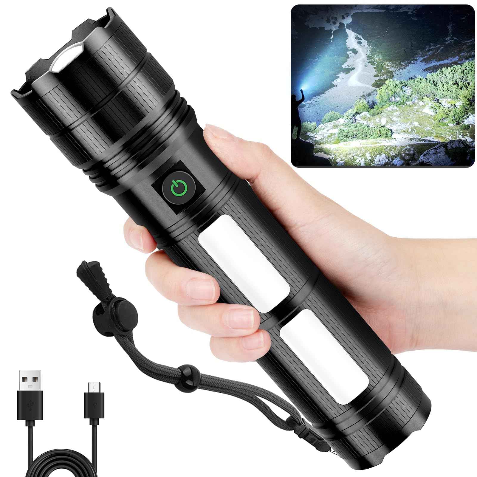 KINGCAESAR Rechargeable Flashlights 3000 High Lumens, Super Bright Flash Light with 2 Cob Light, High Powered LED Flashlights with 4 Modes, 7200 ɱAh & 24 Hours, IPX7 Waterproof for Outdoor, Home