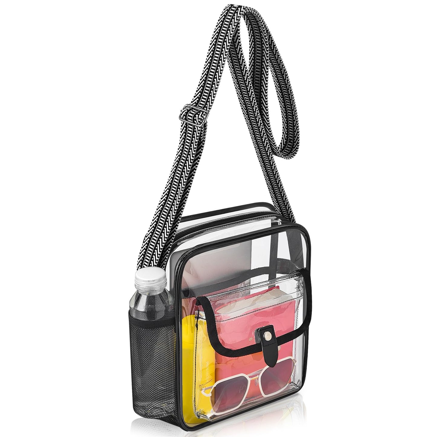 SPODEARS Black Clear Crossbody Bag with Guitar Strap for Stadium, Concert, Festival & More - Adjustable Shoulder Strap & Bottle Holder, Medium