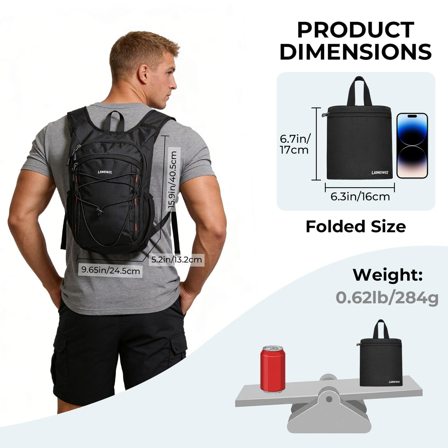 LAIMEIWEE 13L Small Hiking Backpack for Women Men, Lightweight Foldable Day pack, Packable Daypack for Travel, Camping (Black)