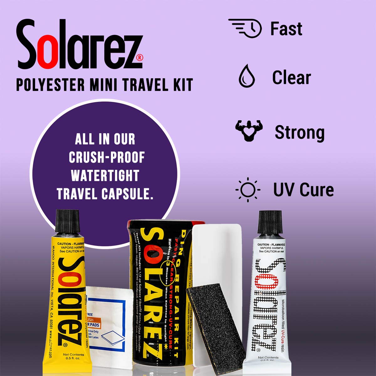 Solarez Polyester Mini Travel Kit ~ Surfboard Ding Repair - Paddle Board Wakeboard Repair ~ Kit Includes: Poly and Microlite Fast Cure Resins, Sanding Pad, Spreader, Alcohol Pad, in Watertight Capsule