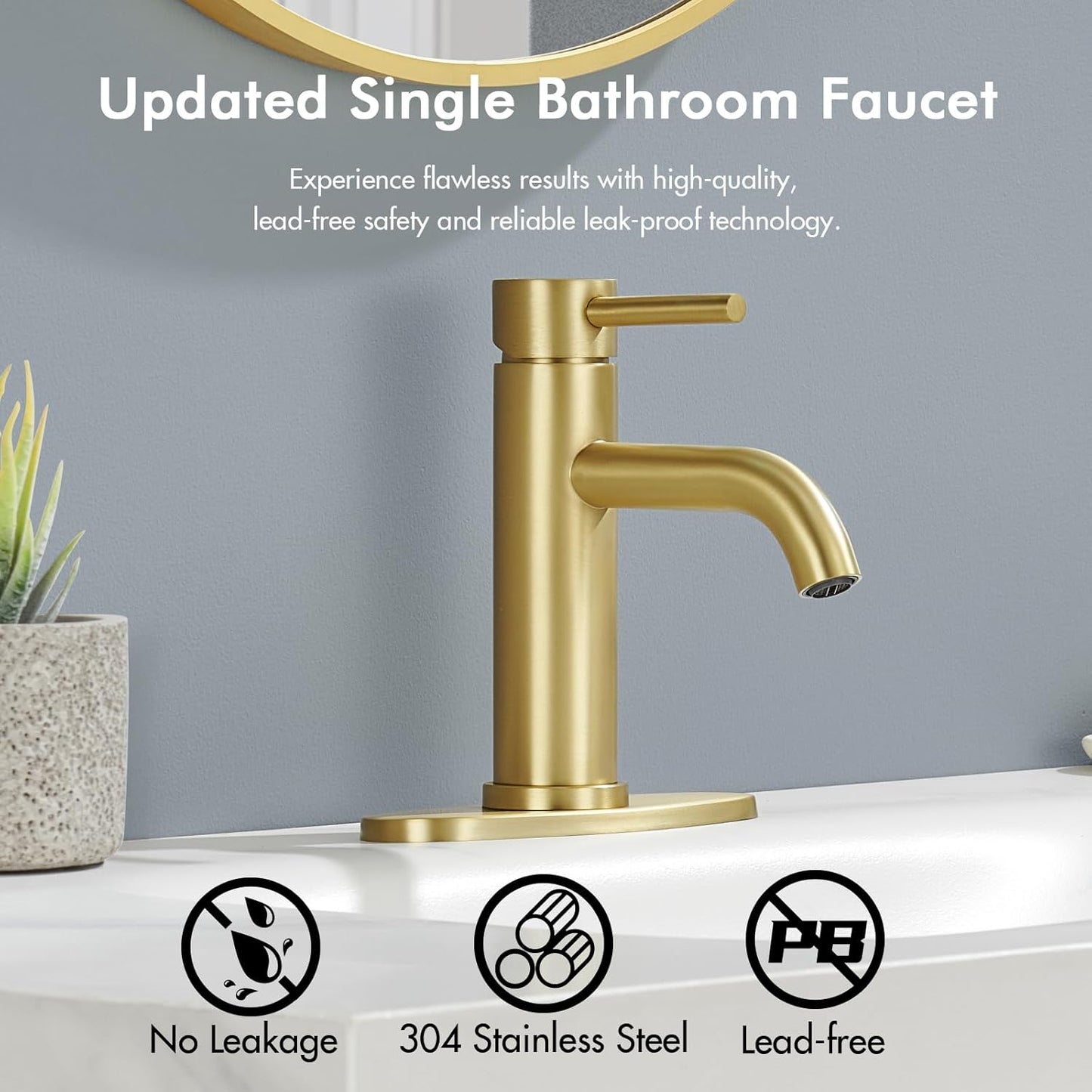WINKEAR Gold Bathroom Faucet - Modern Single Hole Sink Faucet with Pop-up Drain & Flexible Hoses