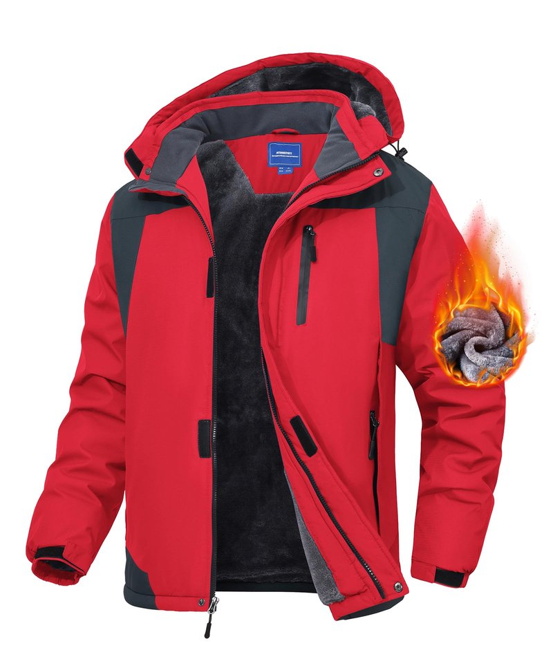 Zoofly Winter Jackets for Men Fleece Lined Wear Resistant Skiing Coats Mens Zipper Pocket Hiking Jacket Thermal Red XL