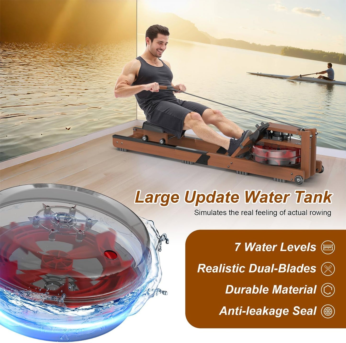 Skiennix Water Rowing Machine - 400LBS Capacity, Bluetooth Monitor & Comfortable Seat for Home Use