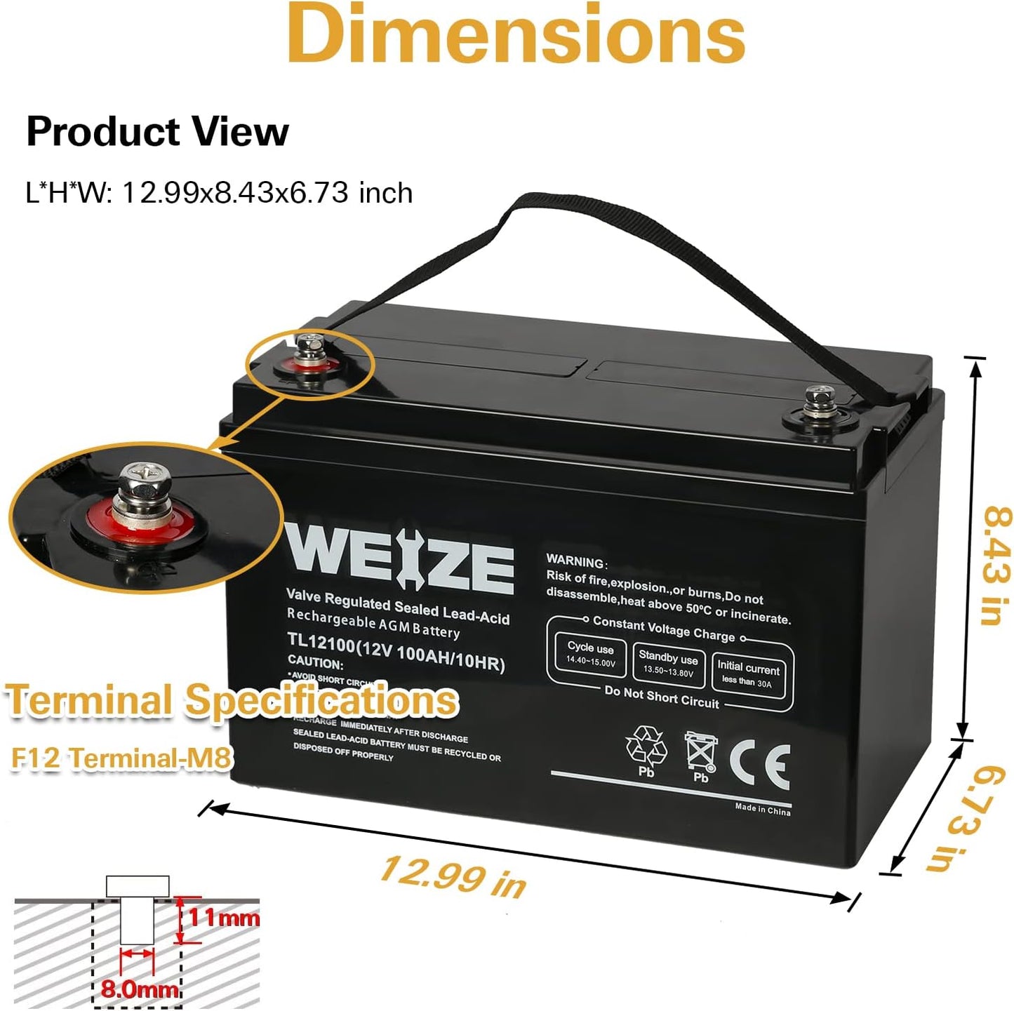 Weize 12V 100Ah Deep Cycle AGM Battery - Maintenance-Free, Low Self-Discharge for RV, Solar & Marine Use