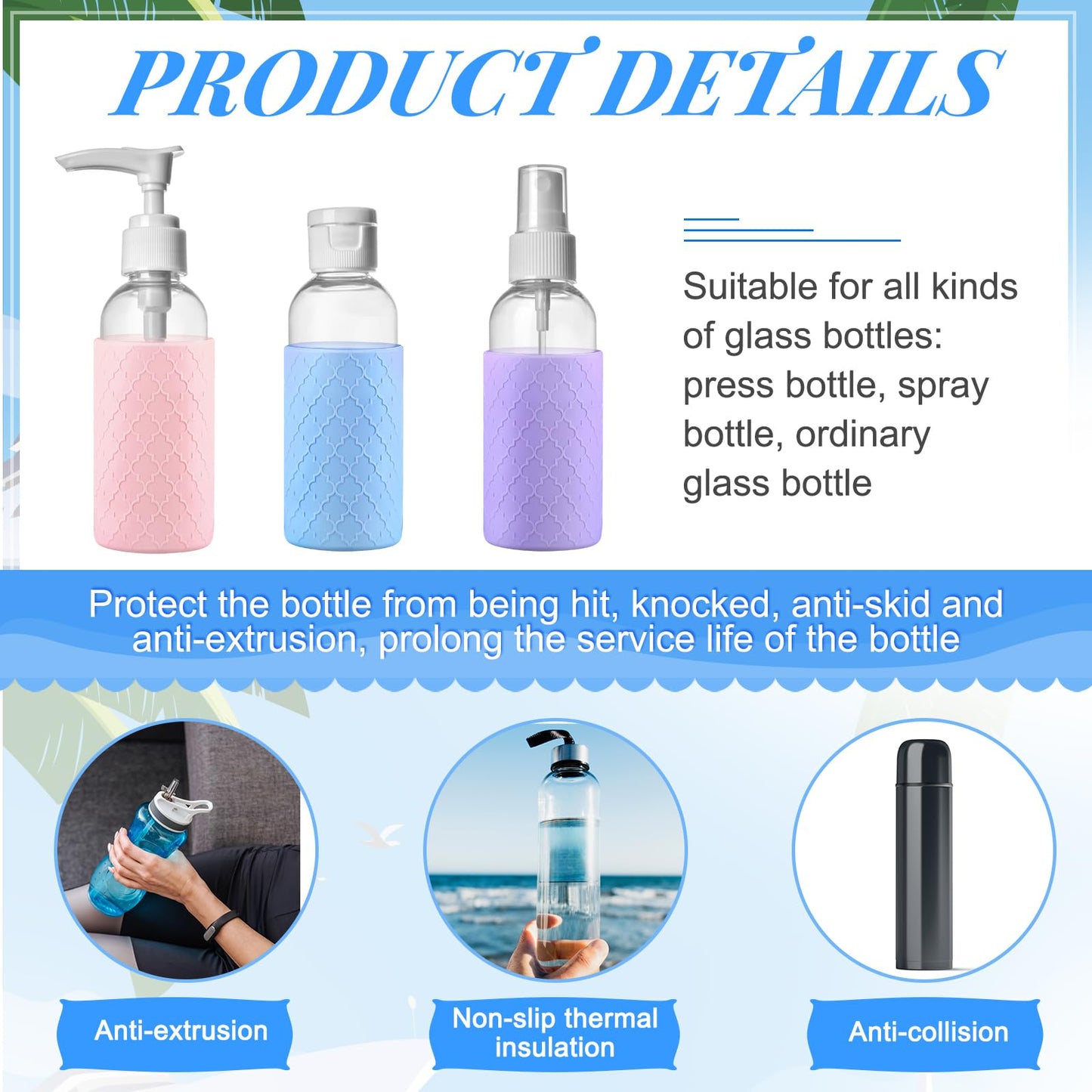 Qeeenar Water Bottle Silicone Sleeves for 16-20 oz Glass Bottle Protector, Reusable Silicone Sleeve Anti Slip Protective Holders for Drink Smoothies