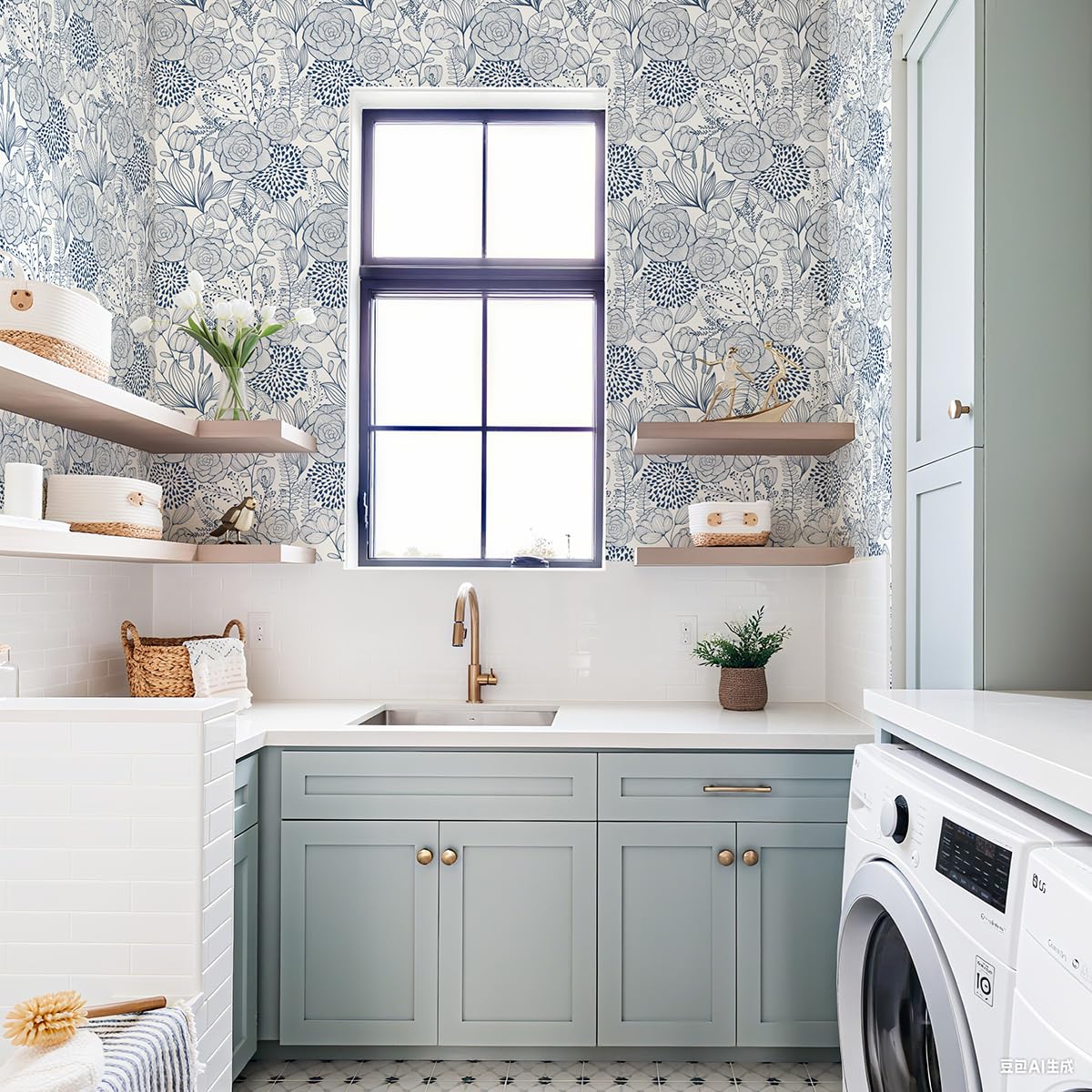 Wudnaye Navy Blue Floral Peel and Stick Wallpaper Blue and White Wallpaper 16.9"×118" Navy Floral Stick and Peel Wall Paper Flowers Contact Paper Self Adhesive Removable Waterproof for Bathroom Decor