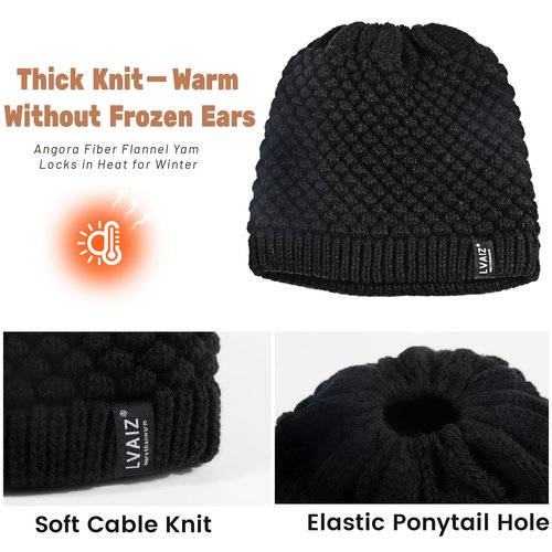 Lvaiz Hats Satin Lined Ponytail Beanie Knit Winter Hat for Women High Messy Bun Hat with Ponytail Hole Warm Skull Cap Women Black