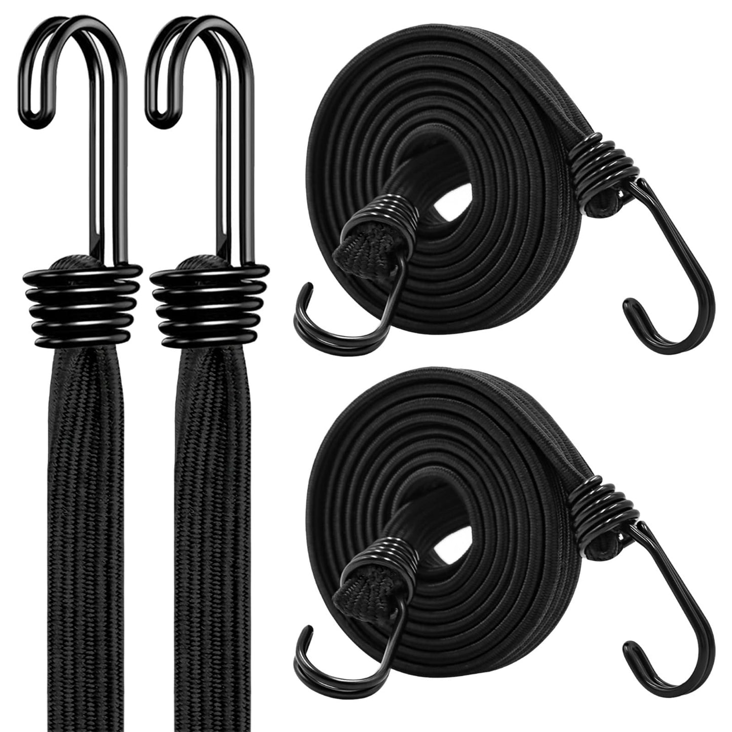 Bungee Cords with Hooks Heavy Duty, 36inch Flat Strong Outdoor Black Bungee Straps, Secure Load Distribution Industrial Grade Bungee Rope for Securing Luggage, Tarps, Tents, Cart, Bike Rack, 4pcs