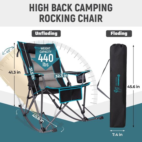 FUNDANGO Oversized Rocking Camping Chair - High Back Padded Folding Lawn Chair with Cup Holders & Carry Bag | Supports 440 lbs (Black)
