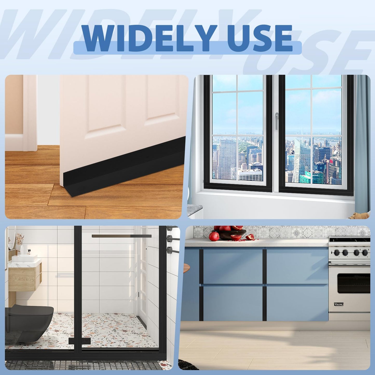 Weather Stripping Door Draft Stopper Flexible Self Adhesive Silicone Door Seal Strip for Glass Doors Windows and Shower Glass Gaps, 2 Inch Wide X 10 Feet Long, Black