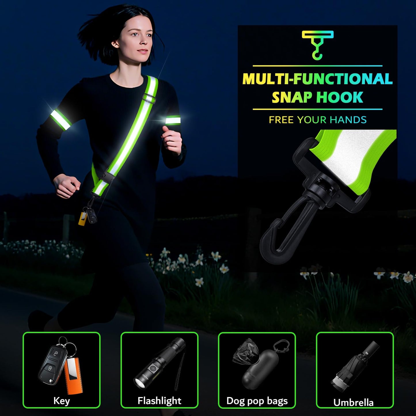 Samlior Reflective Walking Gear at Night, High Visibility Safety Reflective Sash Belt and 2-Pack Armband Set, Night Running Safety Gear for Women Men Kids (Green)