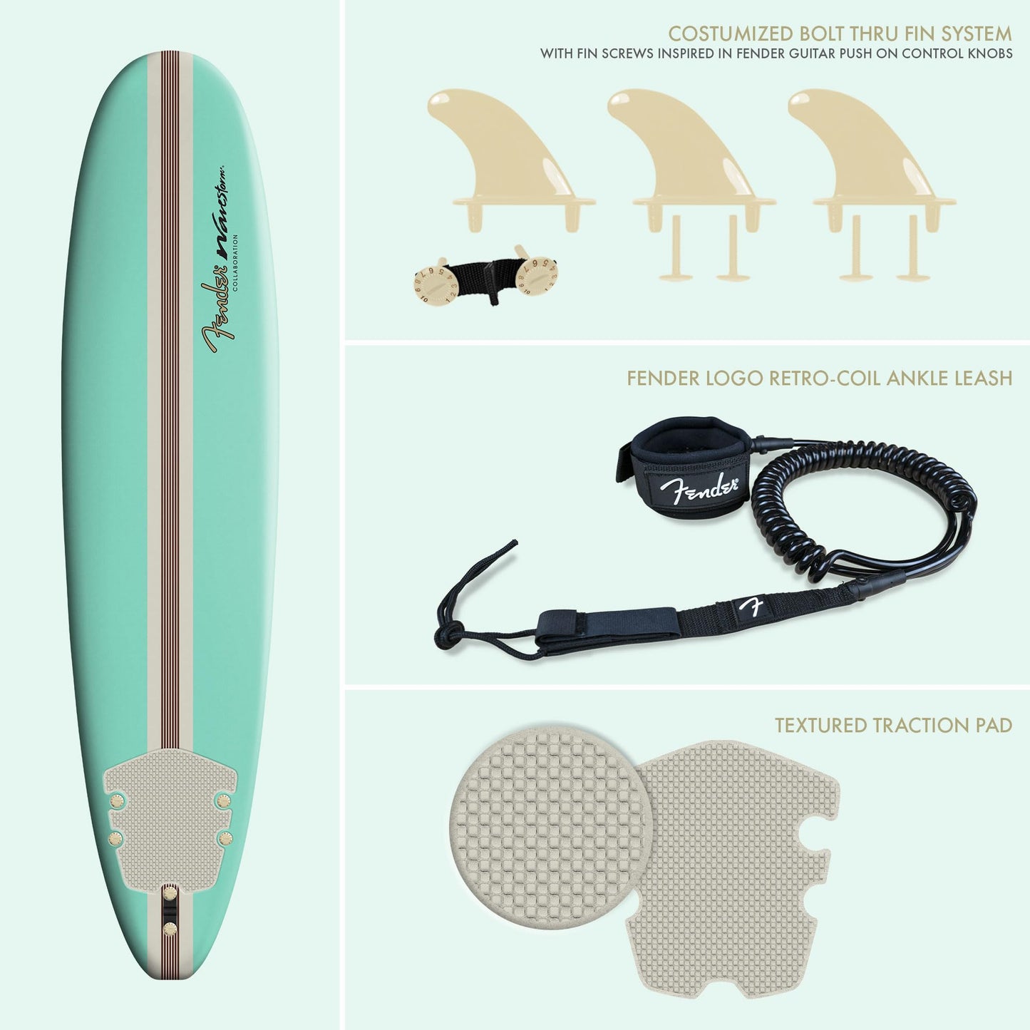 Fender x Wavestorm Collaboration 8ft Surfboard | Graphic top Deck with high Density Slick Bottom | for Kids and Adults | Foam Construction with Accessories | Leg Leash and Fin Set Included