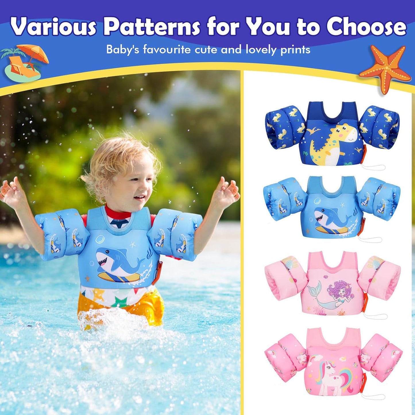 MoKo Toddler Swim Vest - Cartoon Swim Floaties with Shoulder Straps | Fits 13-30 lbs, 20-50 lbs, 22-66 lbs