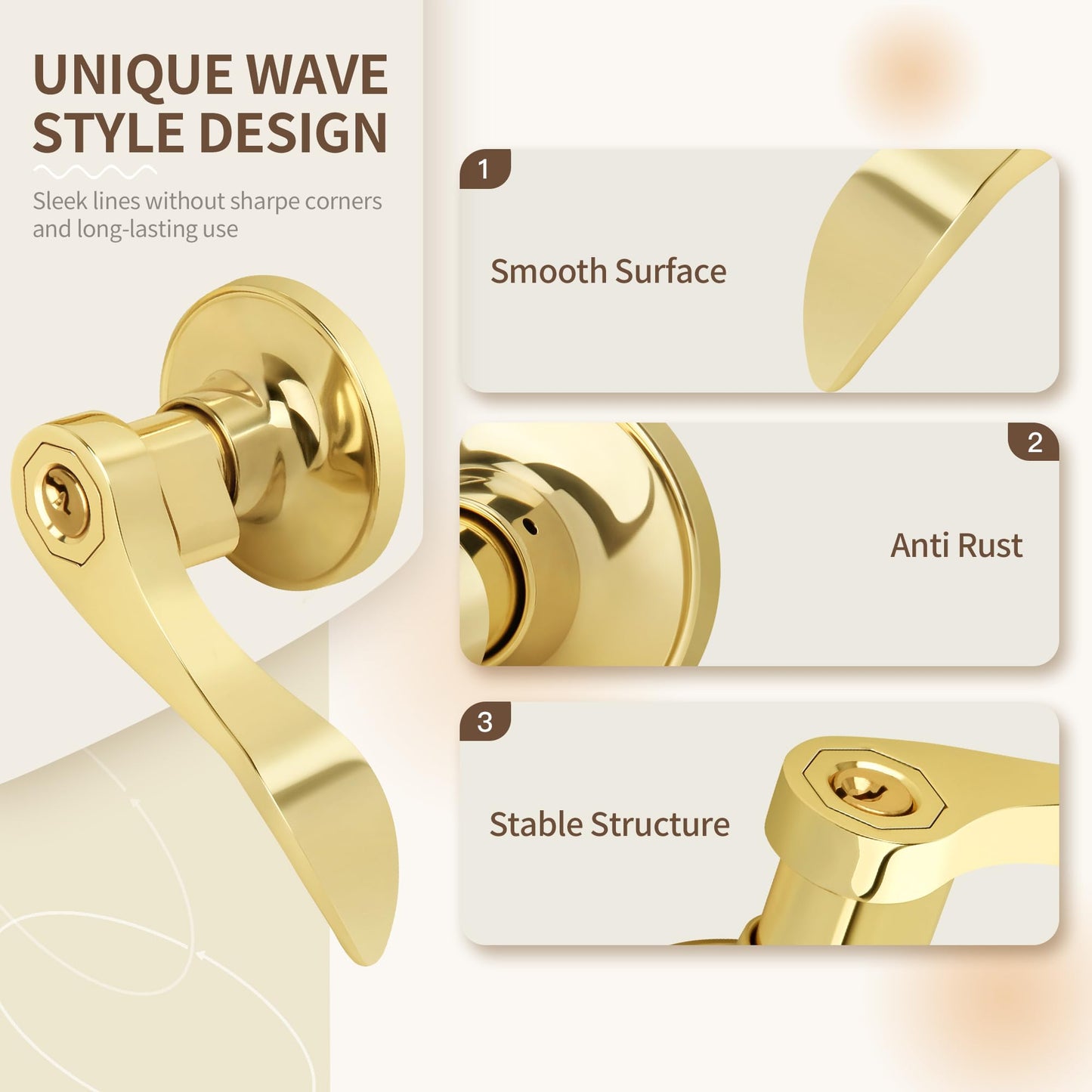Moquin 5 Pack Wholesale Polished Brass Door Lever, Wave Design Keyed Entry Door Lever with Lock (Keyed-Not-Alike), Reversible Door Handle for Right/Left Side for Front/Entrance Door Lock