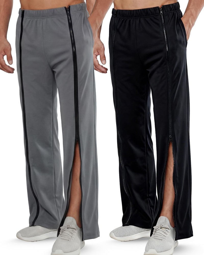 Wovnet 2 Pack Tear Away Pants for Men Sweat Basketball Front Zippers Full Open Sweatpants Post Surgery Pants(L) Black, Dark Grey