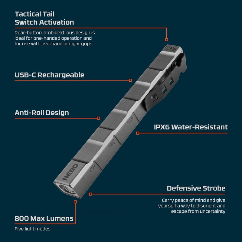 NEBO Edge 800 Penlight | Everyday Carry Penlight, 800 Lumens, 5 Light Modes, Tactical, USB-C Rechargeable, Water & Impact Resistant