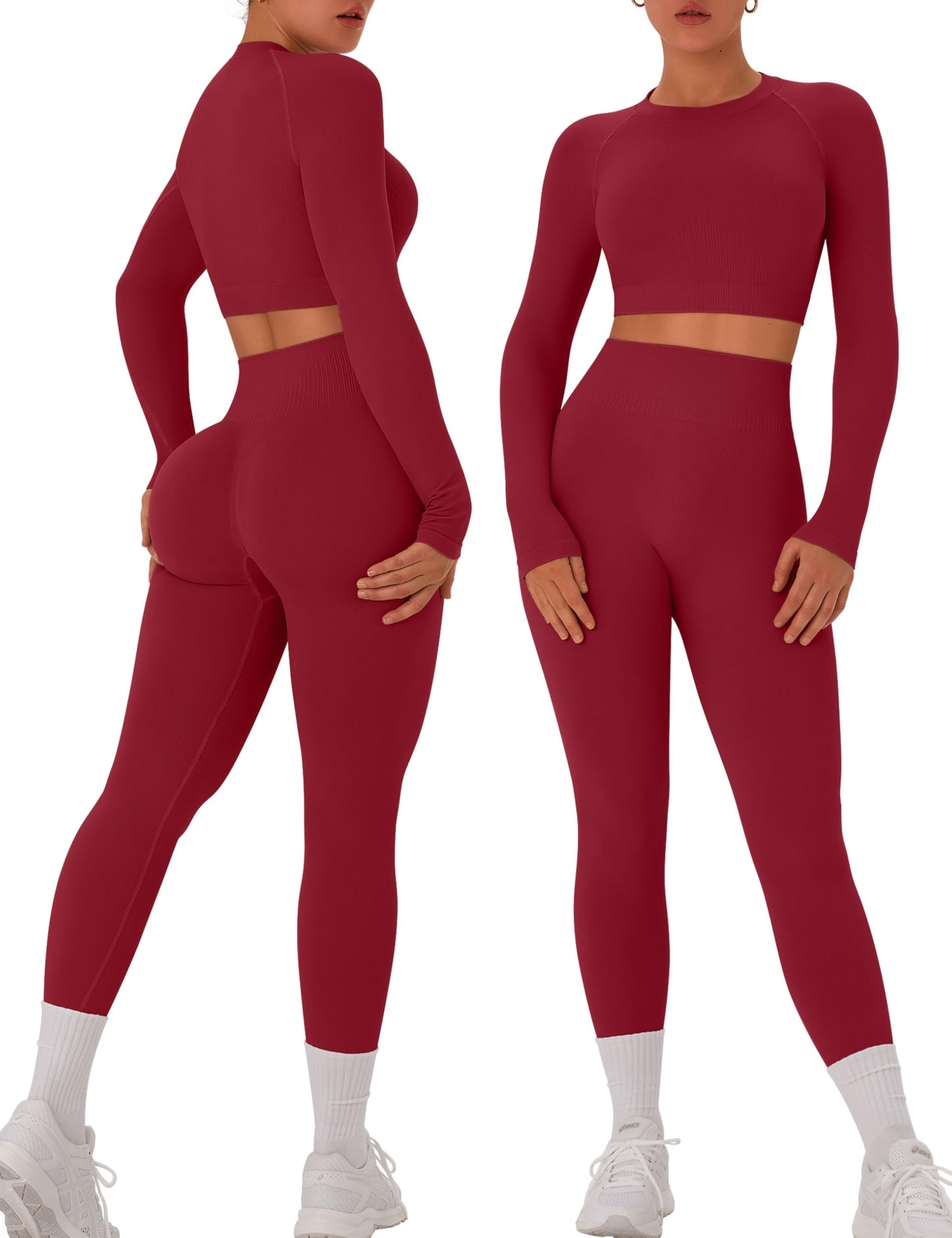 OLCHEE Womens Workout Sets 2 Piece Seamless Long Sleeve Crew Neck Crop Top Shirts Scrunch Butt Leggings Gym Yoga Outfits - Cherry Red Large