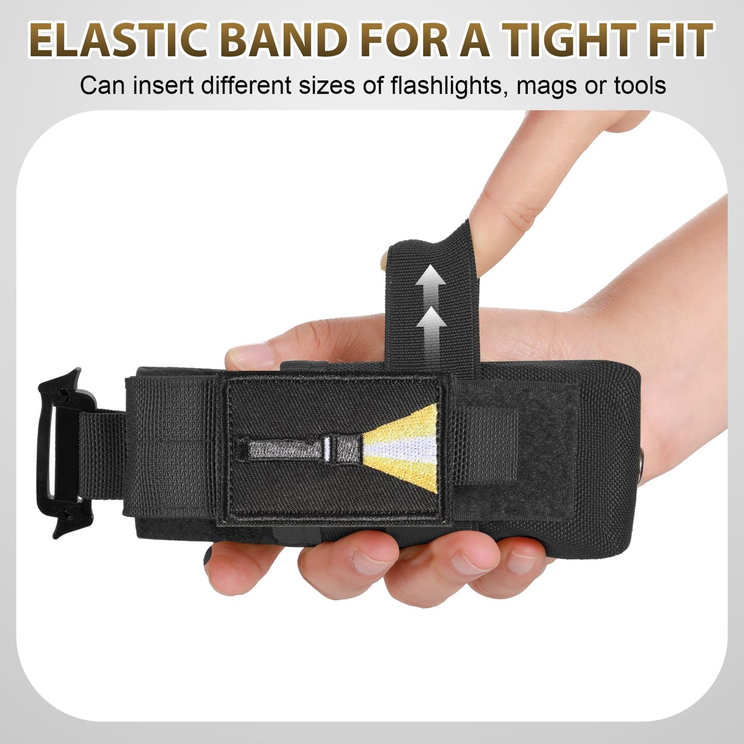 Tactical Flashlight Holster, Adjustable Flashlight Pouch Holder Molle Torch Carry Case for Duty Belt Backpack Vest Include Flashlight Patch & USA Flag Patch (Black-Nylon Strap with snap)