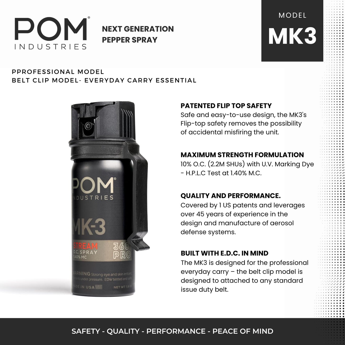 POM MK3 Pepper Spray, Belt Clip Model, Maximum Police Strength OC with UV Marking Dye, Quick Flip Top Safety, 360° Performance At Any Angle, Powerful Accurate Stream, 18 ft Range, 1.8 fl oz, 3 Pack